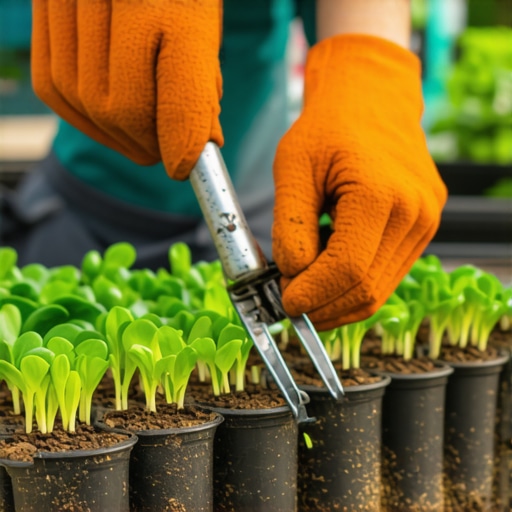 Ekspert za presađivanje biljaka u modernom rasadniku Vrtlar koristi sterilne alate za presađivanje zdravog rasada u savremenom rasadniku