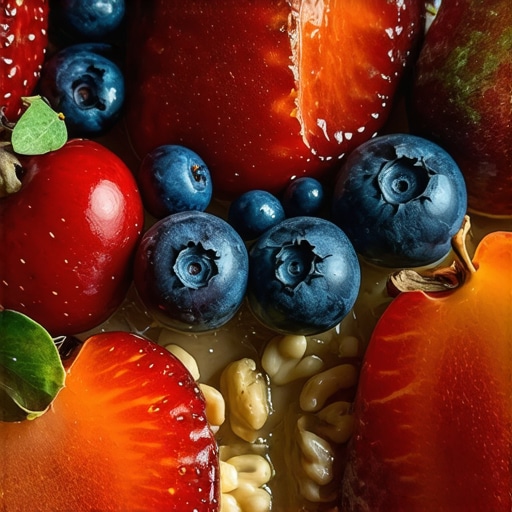 A detailed close-up of a vegan nut tart decorated with fresh fruits and nuts