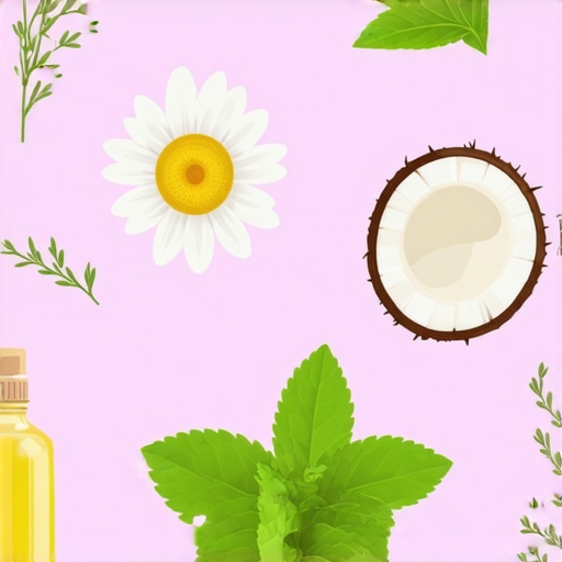 Detailed scientific illustration of chamomile, coconut oil, and mint leaves for oral health remedies