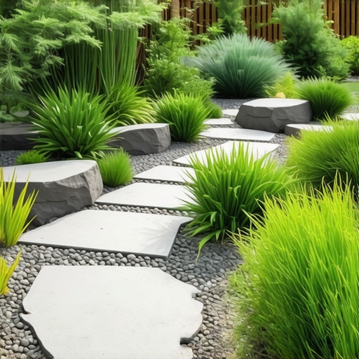 Expert landscape integrating native plants and recycled materials Landscape design with native plants and recycled materials in a lush garden setting