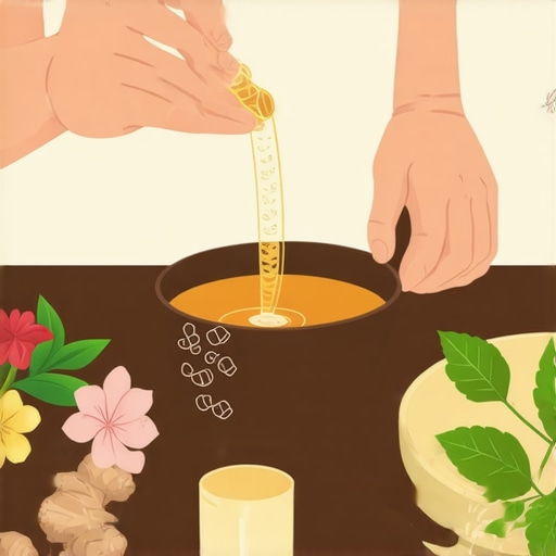 Herbalist mixing lipa, mint, and ginger for custom tea blend