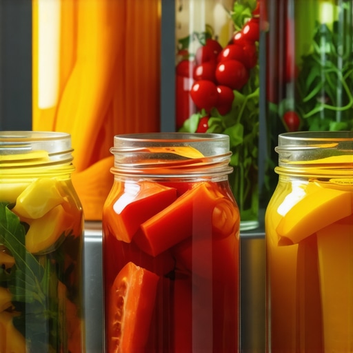 Fermentation process of fruits and vegetables for probiotic drinks Fermentation of fruits and vegetables in glass jars with herbs and spices, highlighting natural colors and textures