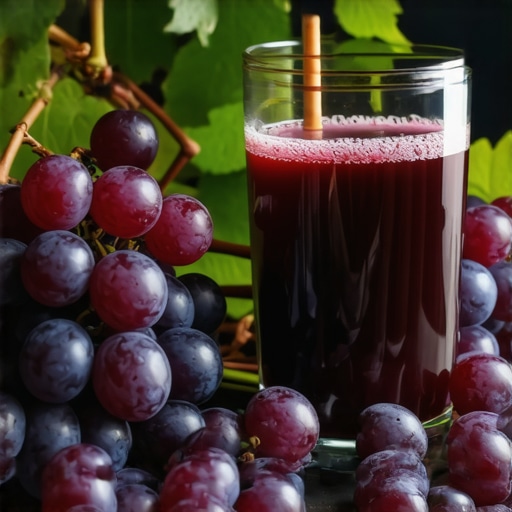 Fresh grapes and homemade grape juice for health Close-up of fresh grapes and a glass of homemade grape juice on a wooden table