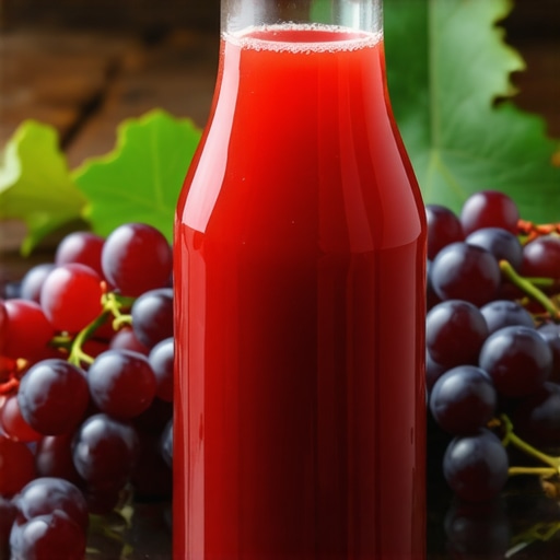 Fresh homemade grape juice with grapes Close-up of fresh homemade grape juice in a glass bottle with grapes around