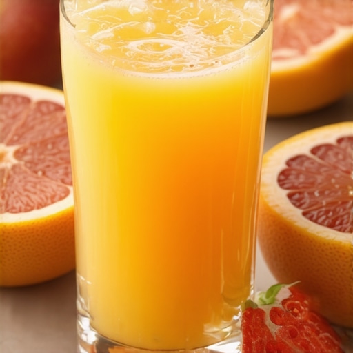 Freshly squeezed grapefruit juice for health benefits Close-up of grapefruit juice in a glass with grapefruit halves in the background