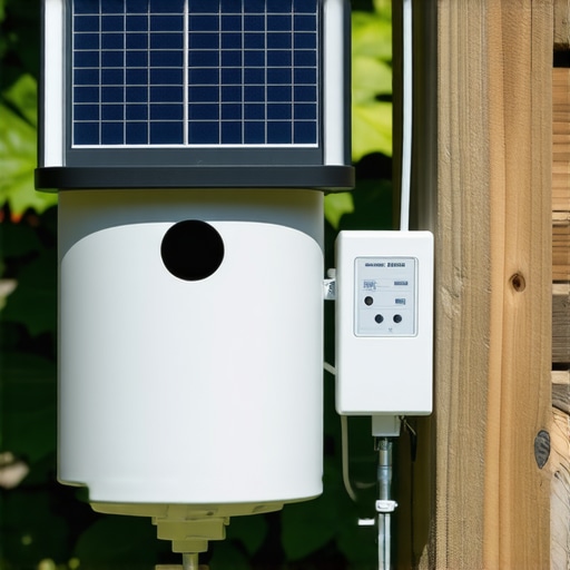 Futuristic birdhouse equipped with solar panels, sensors, and cleaning system in a lush garden