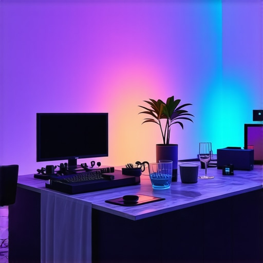 High-tech home party setup with advanced lighting and holograms Futuristic home party with smart lights and holographic projections