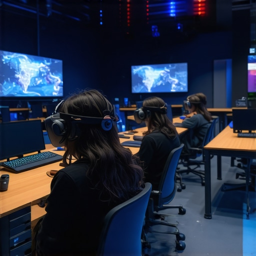 Immersive VR learning environment with gamification Students engaging in virtual reality educational game with gamification elements in a high-tech classroom.