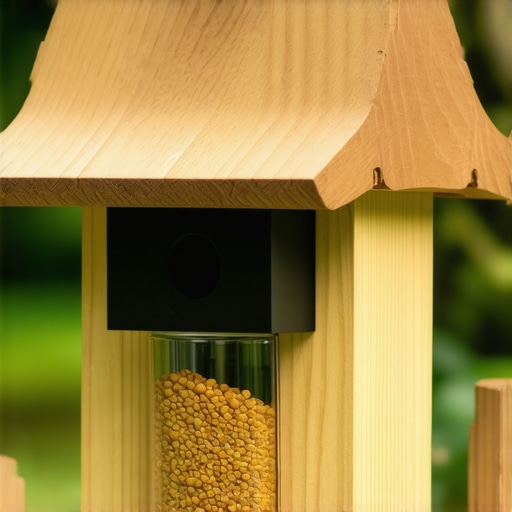 Innovative IoT-Enabled Bird Feeder High-tech bird feeder with sensors and eco-materials in a lush garden