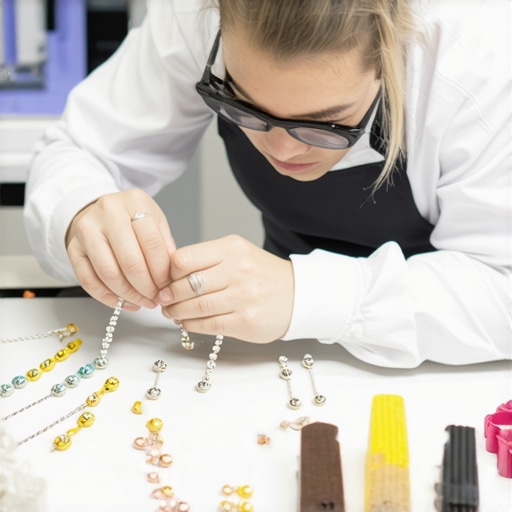 Jewelry designer creating unique pieces using mixed materials and 3D printing technology