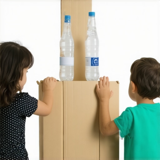 Kids Creating Recycled Game from Cardboard and Plastic Bottles Children crafting an educational recycled game using cardboard and plastic bottles