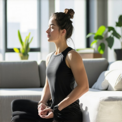 Kućni trening u dnevnoj sobi za zdraviji život Osoba vežba u dnevnoj sobi tokom dana, inspirativno i motivaciono okruženje.