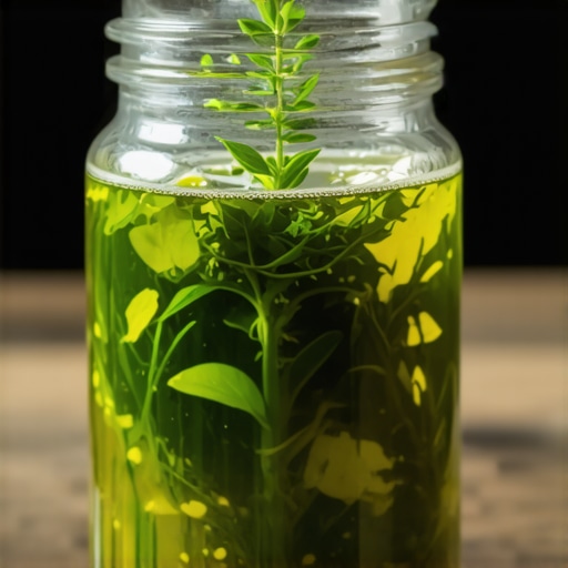 Homemade natural plant elixir made from seaweed and herbs in a jar
