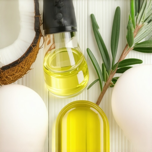 Natural ingredients for hair growth Close-up of coconut oil, eggs, and rosemary for hair care