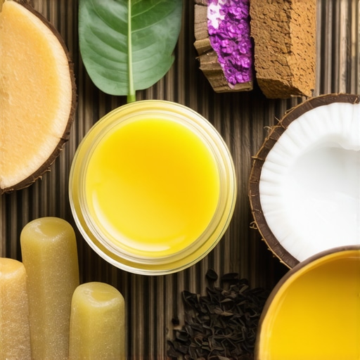 Close-up of beeswax, coconut oil, and plant pigments used in DIY lip balm recipes.