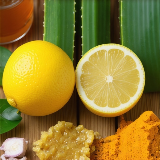 Close-up of honey, lemon, aloe vera, and turmeric on a wooden table, highlighting their use in natural skin treatments