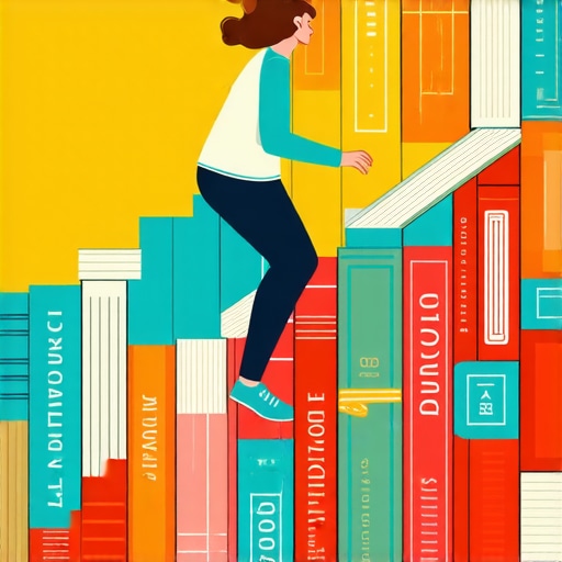 Person climbing staircase of books and goals A person ascending a staircase of books representing personal development.
