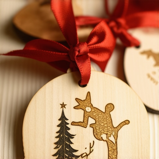Close-up of handcrafted holiday ornaments showing laser engraving and recycled materials
