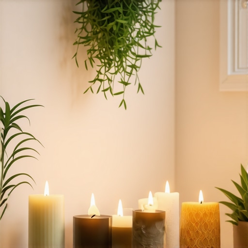 Cozy home corner decorated for meditation with candles and plants