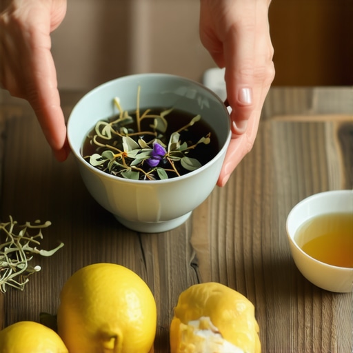 Person making herbal tea with dried linden flowers and lemon in a rustic kitchen.