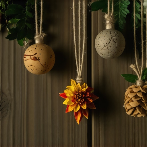 Close-up of rustic natural holiday ornaments made from dried flowers, leaves, and wood