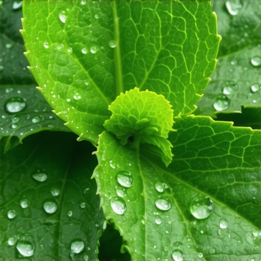 Detajl svežih listova nane sa kapima rose vode, prikaz prirodne lepotе biljke