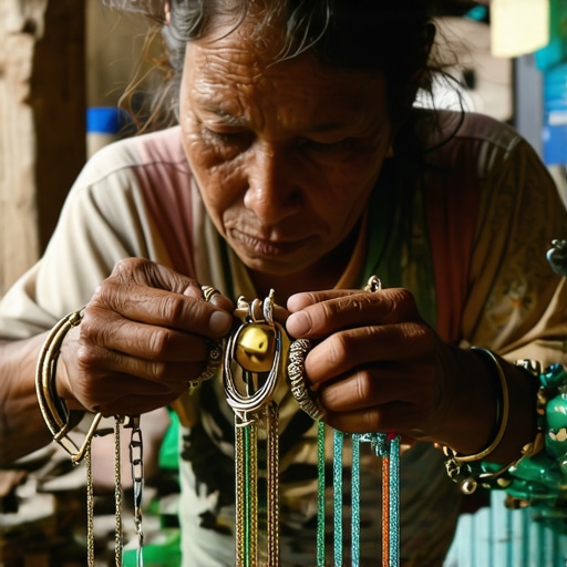 Artisans crafting recycled jewelry in a workshop Artisans creating recycled jewelry with eco-friendly materials
