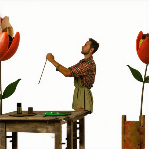 Artist creating recycled garden decor Artist designing garden decorations from recycled materials