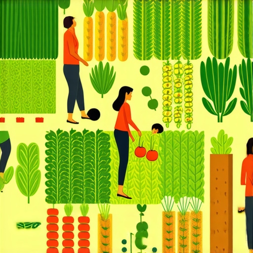 Community Garden Scene People working in a community garden with various vegetables growing.