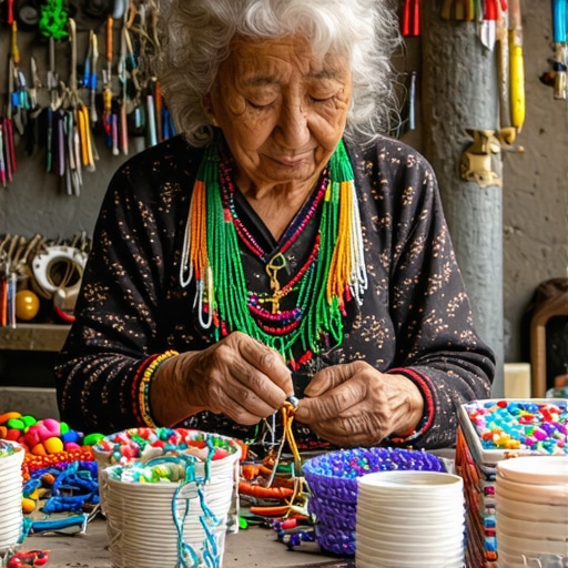 Craftsman Creating Unique Jewelry at Workshop Jewelry maker working with beads and tools in a small studio