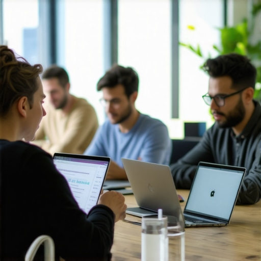 A group of young professionals collaborating in a tech startup office.