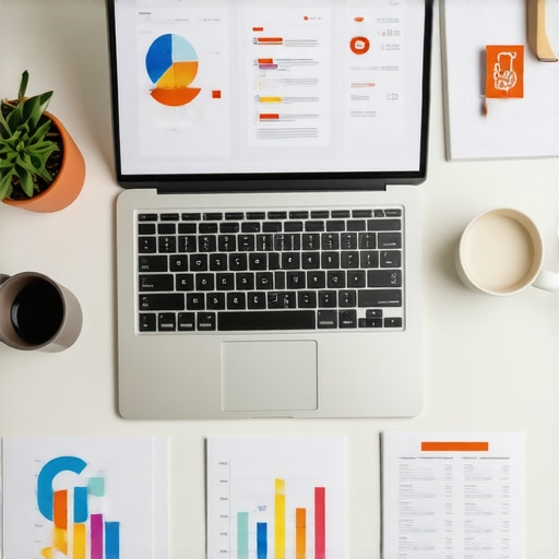 Digital Marketing Workspace A workspace with a laptop, charts, and social media icons representing digital marketing