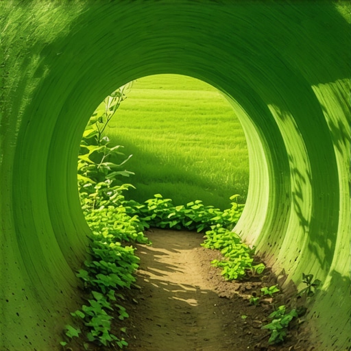 Eco-Friendly Garden Tunnel A lush backyard with a handmade green tunnel for plants and small animals, showcasing sustainable garden design.