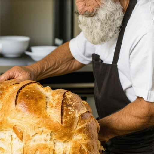 Ekspert u pečenju domaćeg kruha Baker checks freshly baked homemade bread in rustic kitchen