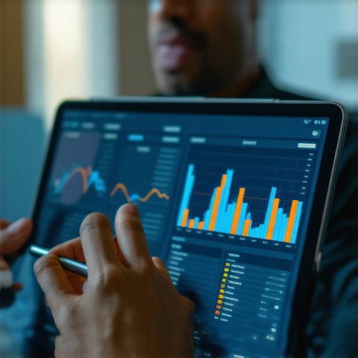 Expert analyzing AI-driven learning analytics Educator reviewing student engagement data on a tablet in a modern classroom