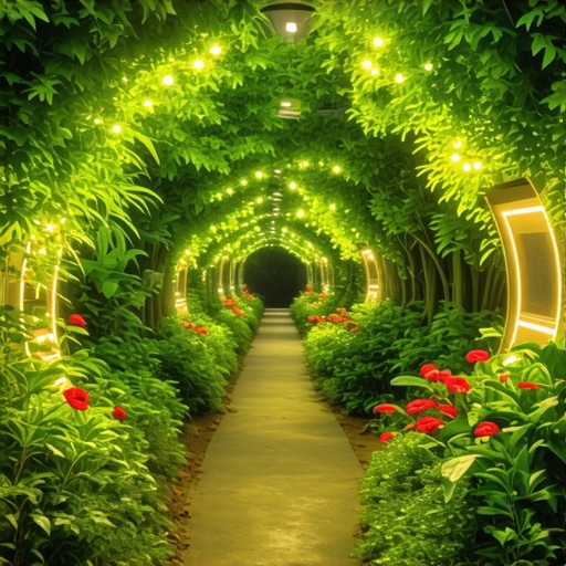 Future of Eco-Friendly Garden Tunnels A futuristic garden tunnel equipped with smart tech and solar panels, representing sustainable innovations