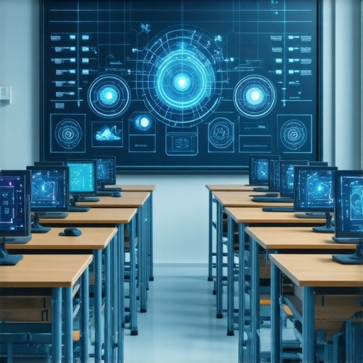 Futuristic classroom featuring AI and digital learning tools