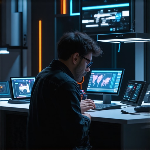 A high-tech workshop with modern tools and digital screens, symbolizing the future of DIY and sustainable manufacturing