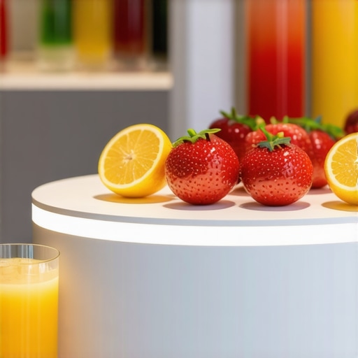 Future of Natural Fruit Juices Futuristic market scene with natural fruit juices and innovative technology