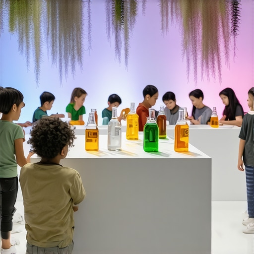 Future of Recycling and Creativity Artists and children working with advanced recycling technology in a creative workshop