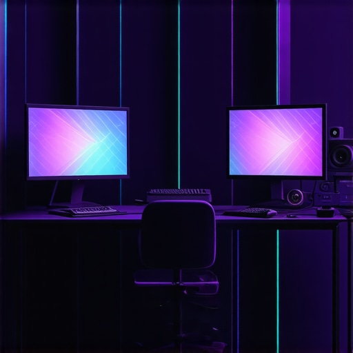 Futuristic workspace with holographic video editing interfaces.