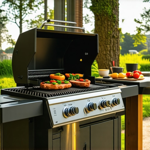 Futuristic backyard grilling with smart devices A modern backyard with smart grill and AI cooking assistant preparing meat for barbecue