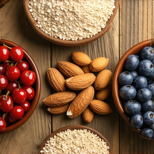 Assortment of natural ingredients for healthy baking including nuts, fruits, and grains
