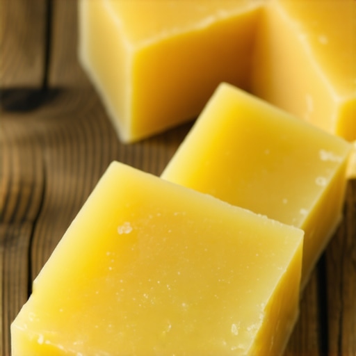 Close-up of handcrafted soap bars made from olive oil displayed on a wooden surface.