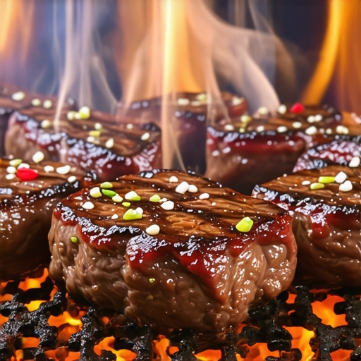 Marinated Meat on Grill Close-up of marinated meat cooking on a barbecue grill with smoke and flames