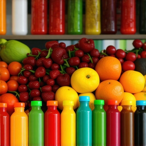 Market with Fresh Fruits and Juices Market stall showcasing fresh fruits and natural juices, highlighting health trend