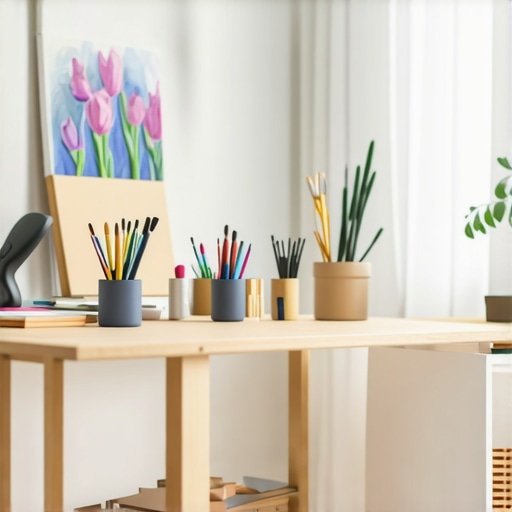 Modern home hobby space with tools and art supplies A contemporary home hobby corner with organized tools and creative materials