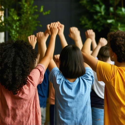 Motivational Group Challenge Group of diverse people participating in a motivational challenge at home