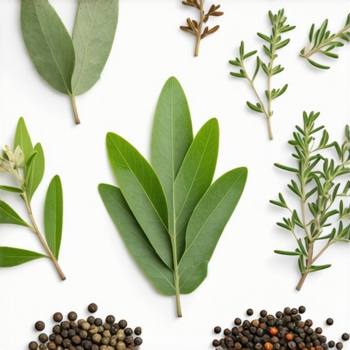 Natural Herbs and Spices for Homemade Preserving Herbs and spices used in natural winter preserves, including bay leaves, dill, thyme, and pepper.