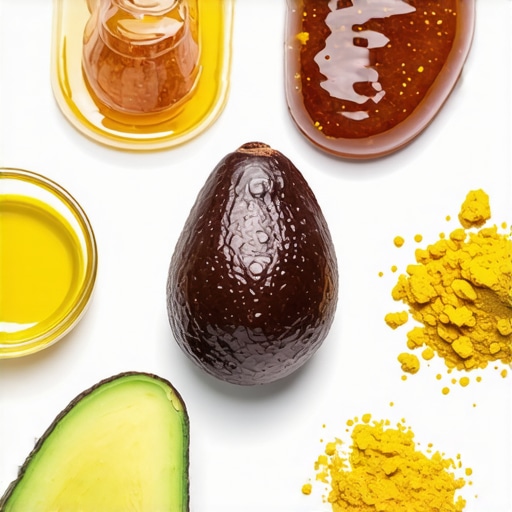 Natural ingredients for homemade face masks Close-up of honey, avocado, turmeric for face masks